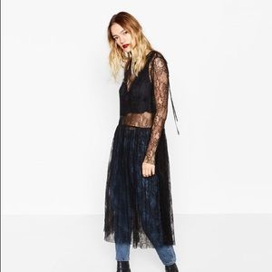 Zara Black Crop Top Sheer Lace Midi Dress
